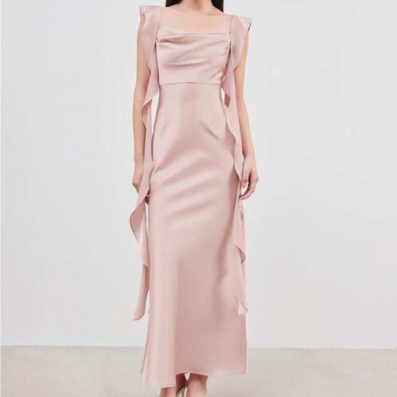 Cider Dresses & Skirts - Cider light pink satin ruffle sleeve mermaid dress